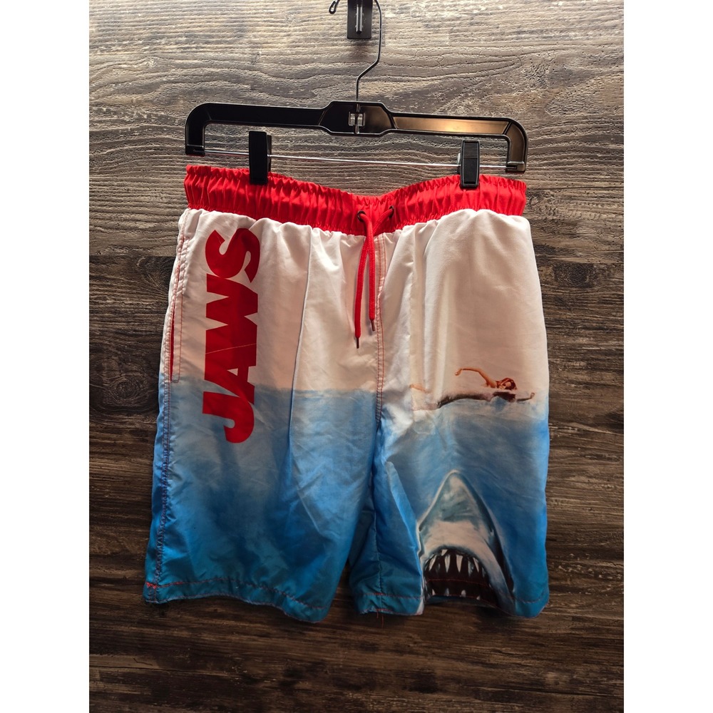 Jaws Movie Graphic Swim Trunks Mens Medium Blue White Ombre Shark Board Shorts